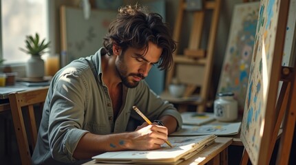 Un hombre dibuja tranquilamente en un pequeño estudio desordenado, con luz natural entrando a raudales