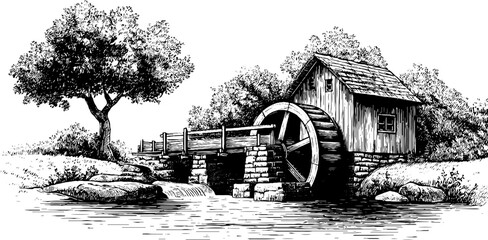 Vintage watermill by stream with turning wheel - hand-drawn engraving for retro design