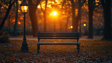 Golden autumn park bench bathed in sunset light