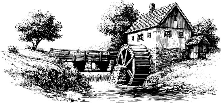 Charming vintage watermill by stream with turning wheel and rustic scenery