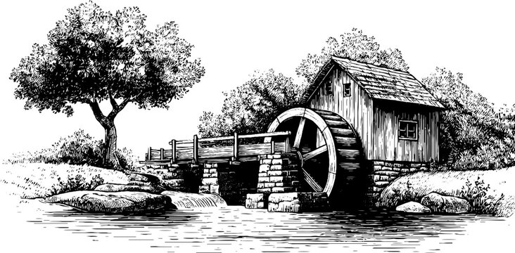 Vintage watermill by stream with turning wheel - hand-drawn engraving for retro design