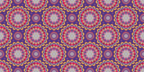 Seamless pattern with traditional Indian floral ornament for fabric swatch or wrapping paper. Vector abstract kaleidoscopic background