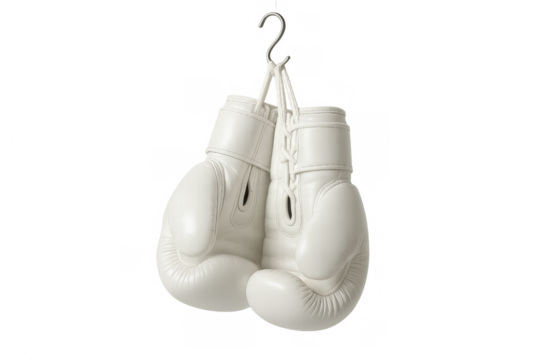 White boxing gloves hanging by laces on hook, representing peace, surrender, retirement from fighting or sports