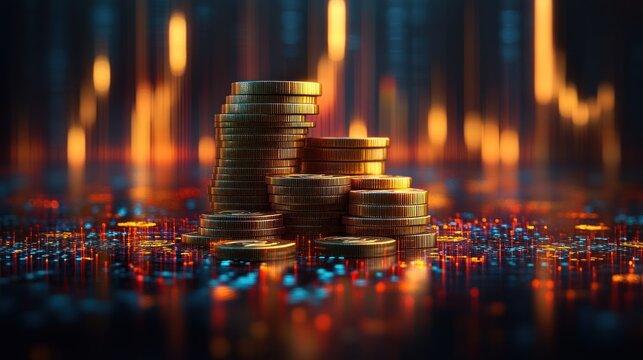 Golden coins stacked, vibrant digital backdrop