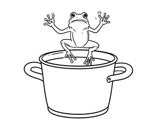 Monochrome illustration depicting a frog leaping from a metal pot filled with liquid. The amphibian's eyes show surprise or panic