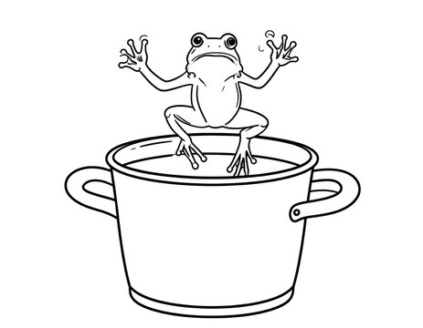Monochrome illustration depicting a frog leaping from a metal pot filled with liquid. The amphibian's eyes show surprise or panic
