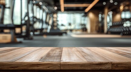 Wooden table top in front of a modern gym