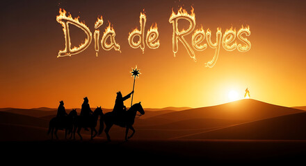 Three kings day illustration with the three wise men riding camels in the desert at sunset with the text dia de reyes above them