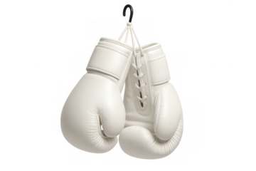 White boxing gloves hanging, symbolizing strength, challenge, sport competition, training, and determination on transparent background
