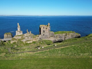 High angle view of the Caithness coast and the ruins of the historic Castle Sinclair Girnigoe, Wick, United Kingdom