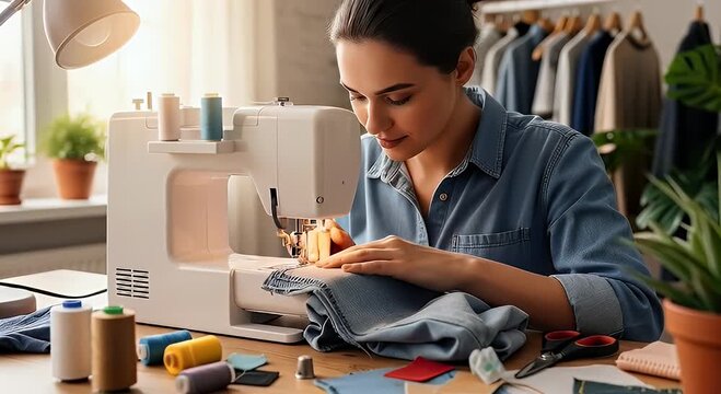 Woman sewing at desk with machine and accessories