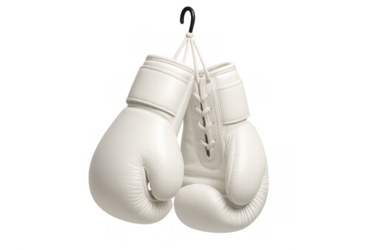 White boxing gloves hanging, symbolizing strength, challenge, sport competition, training, and determination on transparent background