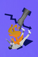Pop trendy 3d zine vertical art collage of puzzled businessman fall arrow decline statistics hand point dollar crack inflation