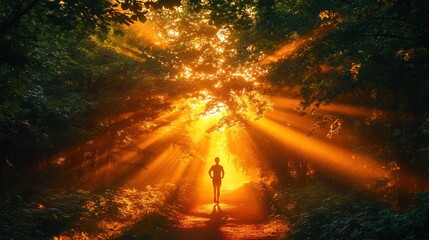 Golden sunbeams illuminate forest path with lone figure