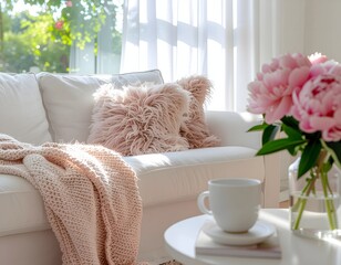 A cozy minimalist living room, with beautiful pink ornaments.

