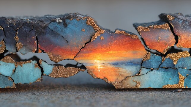 cracked pottery with sunset landscape inside