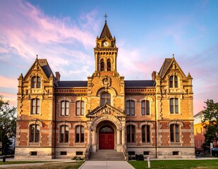 Fototapeta premium Ornate brick building with clock tower and pink sky, classic architecture, trees on sides, bright lighting