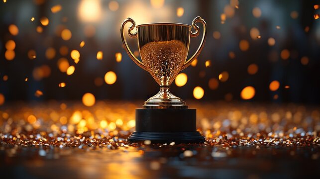 Golden trophy on a dark background with sparkling lights