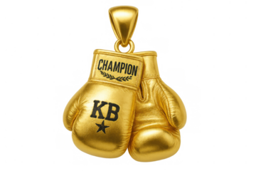 Golden boxing gloves pendant with champion text and olive branches, representing sport, victory, and success on transparent background