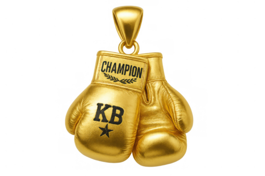 Golden boxing gloves pendant with champion text and olive branches, representing sport, victory, and success on transparent background