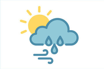 Bright sun partially obscured by a rain cloud with falling raindrops and strong wind gusts below