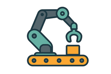 Automated robotic arm moving a product on a factory conveyor belt system