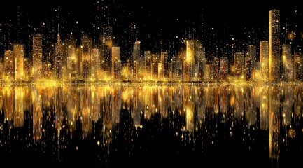 Golden cityscape reflected in water