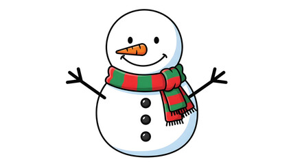 Cheerful cartoon snowman with a carrot nose and striped scarf.