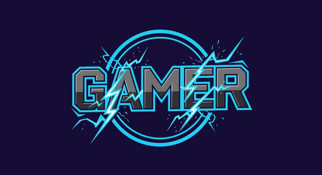 Dynamic 'GAMER' text logo with electric blue lightning and circular frame, perfect for esports branding and gaming channels