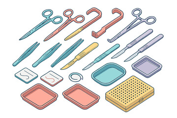 Isometric set of essential surgical instruments including scalpels scissors and forceps