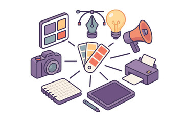 Creative process and graphic design workflow concept with essential tools and color palette
