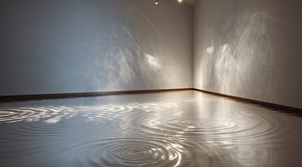 Abstract light projections on a gallery floor.  Soft, ethereal shadows dance across a pale, light-gray wall, casting rippling patterns on a reflective floor