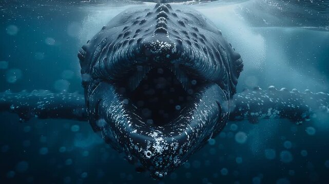 Underwater view of Humpback whale open mouth, dark blue ocean wildlife shot