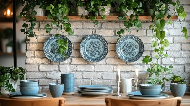 Kitchen with plants, blue plates, and candles