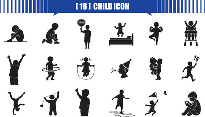 Collection of silhouette, child, children, kid, kids, childhood, icon,  diverse childhood activities and poses depicted in black silhouette icons