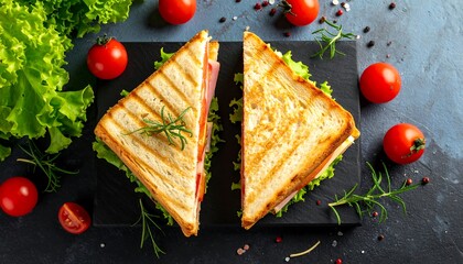 Overhead shot of a delicious sandwich, cut in half, on a dark cutting board, surrounded by vibrant red tomatoes and green leafy lettuce