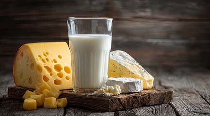 Dairy selection. A glass of milk sits beside assorted cheeses, including a wheel of yellow cheese with holes, chunks of cheese, and a wedge of blue cheese, displayed on a rustic wooden cutting board