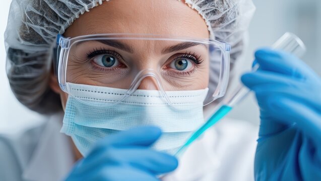 Scientist examining a test tube with a blue liquid in a laboratory setting