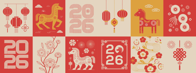 Chinese New Year 2026 Year of the Horse Celebration Decorative Vector Illustrations