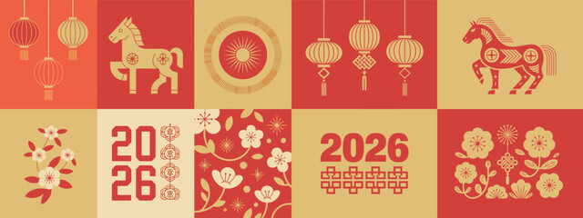 2026 Chinese New Year Year of the Horse Festive Asian Decorative Vector Set