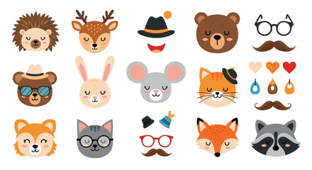 Fototapeta premium Collection of cute cartoon animal faces and various design elements including hats, glasses, and mustaches.