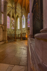 Gothic architecture interior, church nave, stained glass windows, Auxerre, France