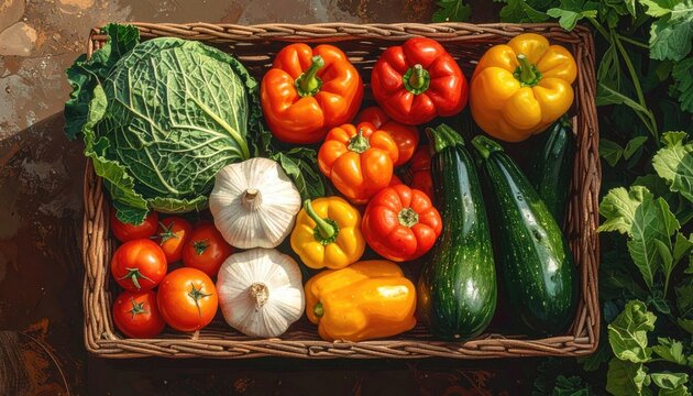 Abundant Wicker Basket Overflowing with Fresh Garden Vegetables Including Cabbage Tomatoes Bell Peppers Garlic and Zucchini in Natural Sunlight