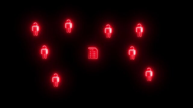 Figures scattered across dark background with glowing red document icons in center. Data network technology with community teamwork and information sharing. Futuristic digital business concept.4k 
