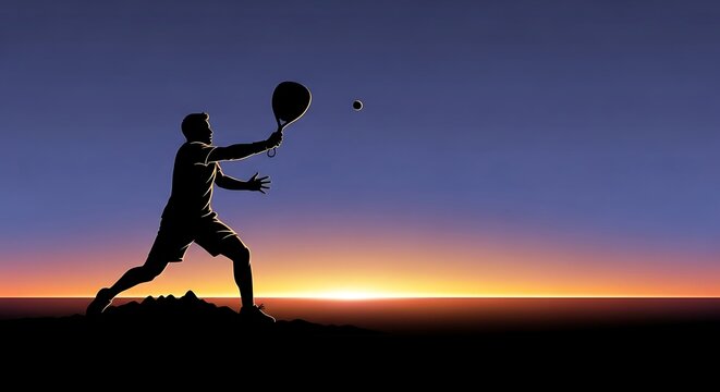 Silhouette of padel player hitting ball at sunset, dynamic action shot
