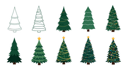 Christmas tree illustrations: basic outlines, plain green designs, and decorated trees with stars, festive lights, and ornaments.