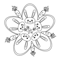 mandala coloring page, bunny rabbit with carrot. vector illustration