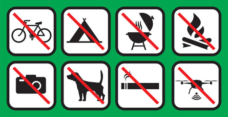 Set of isolated symbols, travel destinations, castles, nature reserves, military area, ban cycling, camping, grilling, no fire, no photography, no dogs allowed, no smoking, ban drone, group vector ico