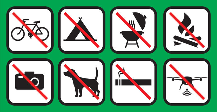 Set of isolated symbols, travel destinations, castles, nature reserves, military area, ban cycling, camping, grilling, no fire, no photography, no dogs allowed, no smoking, ban drone, group vector ico