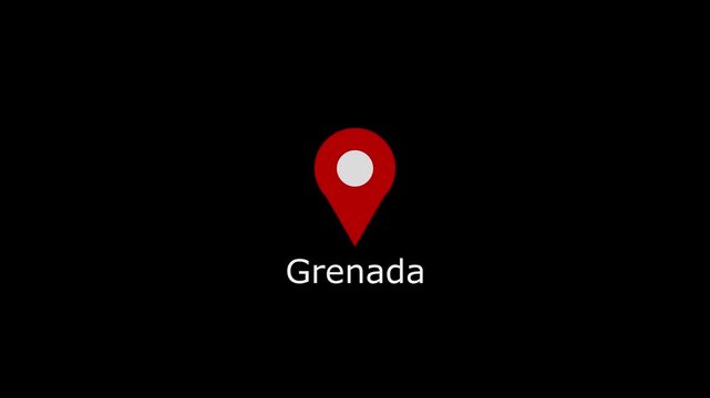 Grenada map location pin animation. Grenada country name text down location pin pointer icon black background 4K video.